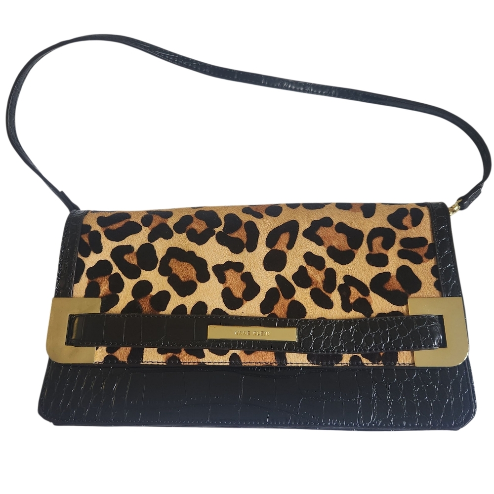 Anne Klein Leopard Print  Large Clutch Purse Detachable Shoulder Strap
